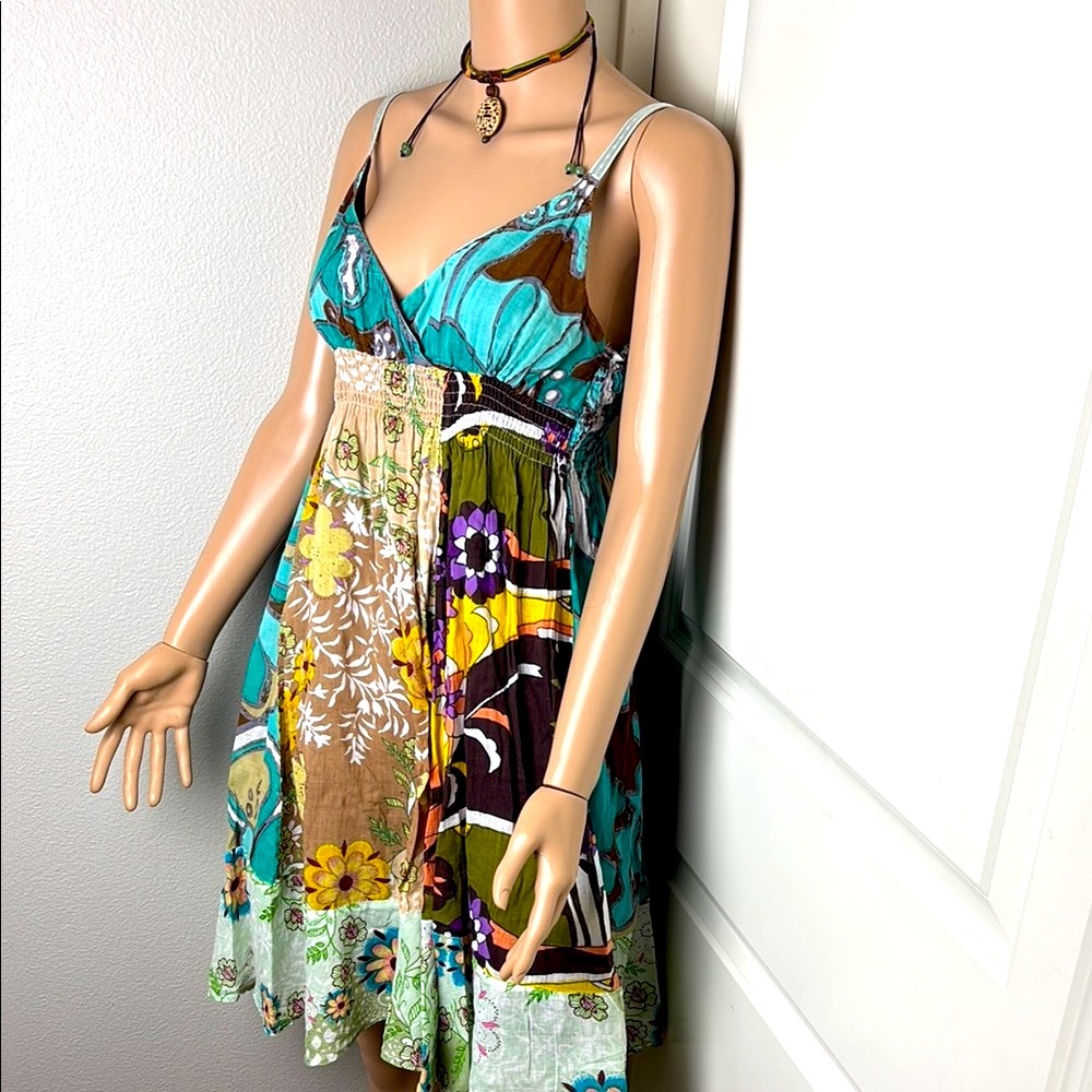 Derek Heart Hippie Green Blue Brown Teal 100% Cotton Babydoll Peplum Dress Tunic